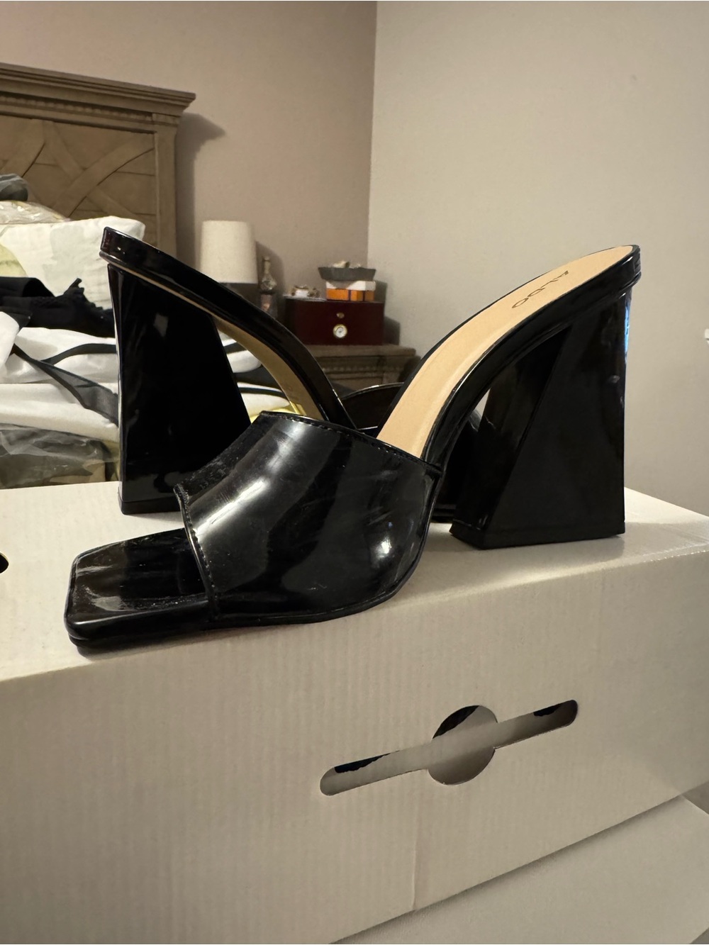Aldo Black Patent Square Toe Block Heel Mules